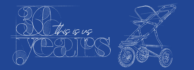 Mountain Buggy celebrates thirty years of designing world class products for babies, toddlers and parents - logo sketch with 3 wheel pram on blueprint - 30 years this is us