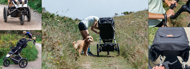 Photo montage of woman running on beach and trails while pushing her child in a terrain™ buggy and followed by family dog - Julia Davis Influencer for Mountain Buggy®