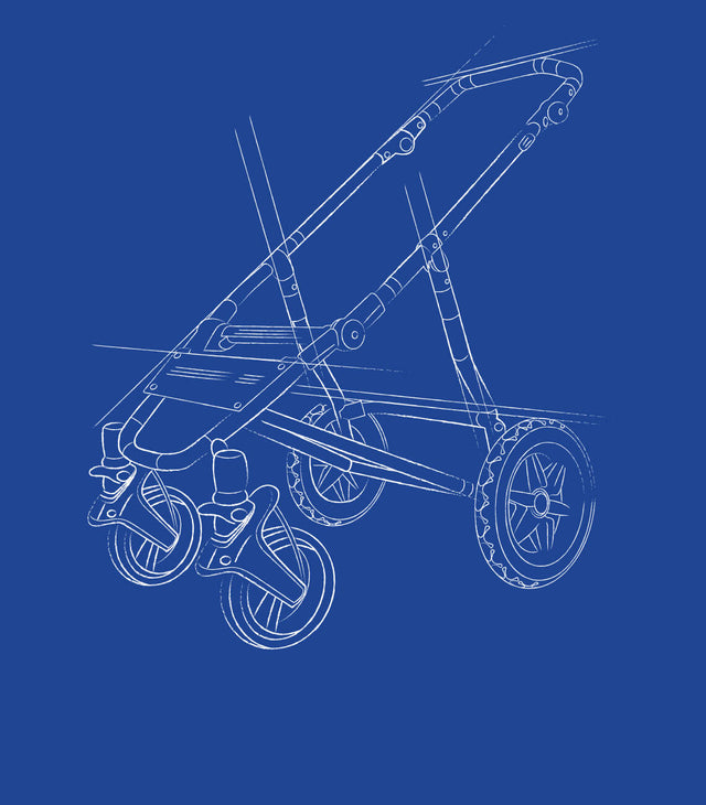 CAD drawing of 4 wheel baby pram frame with all parts except fabric set - duet™ and nano duo™ 4 wheel prams take 2 newborns or 2 toddlers while nano™ and cosmopolitan™ are single child four wheelers - mountain buggy