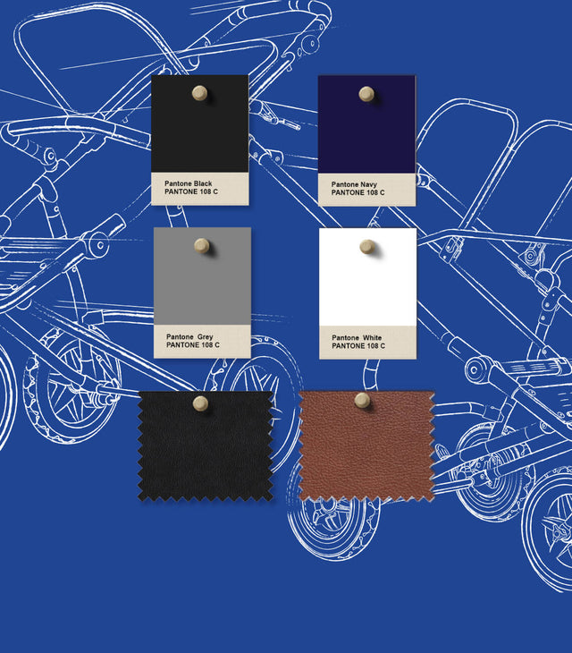 Pantone™ colour swatches and luxury fabric samples of black and tan leather used on our luxury collection baby 3 and 4 wheel prams - mountain buggy