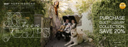 mother posing with two toddlers sitting in their duet™ luxury pram as fluffy dog looks at the camera - purchase luxury collection duet now and save 20% - Mountain Buggy