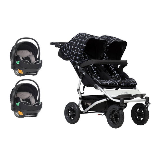 Mountain Buggy duet buggy stroller travel system bundle showing buggy and two protect infant car seats