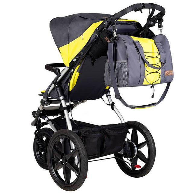Mountain Buggy terrain stroller in yellow and black solus colour with matching yellow and black solus colour satchel_solus