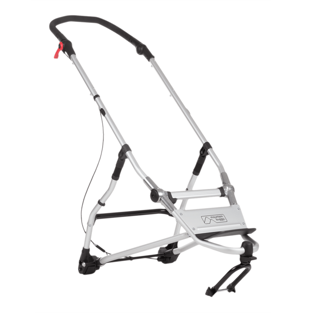 Mountain Buggy replacement frame for urban jungle 2015 model showing attached front forks push handle and installed brake cabling in colour black_black