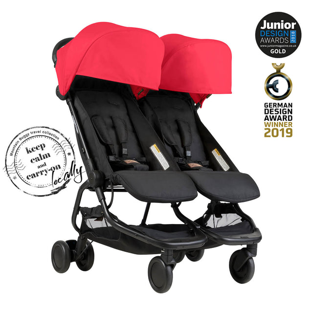Mountain Buggy nano duo double lightweight buggy side view in colour ruby with KCCO logo_ruby