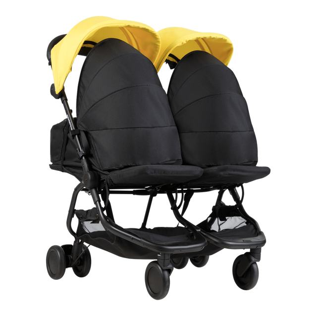 Mountain Buggy nano duo double lightweight buggy fitted with two newborn cocoons in colour cyber_cyber
