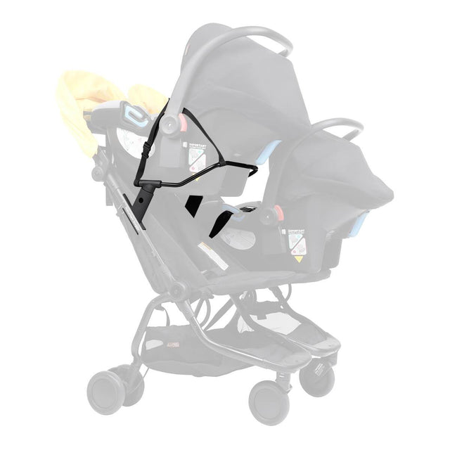 Mountain Buggy nano duo buggy car seat adaptor shown fitted to stroller with two infant car seats attached securely to buggy frame in colour black_black
