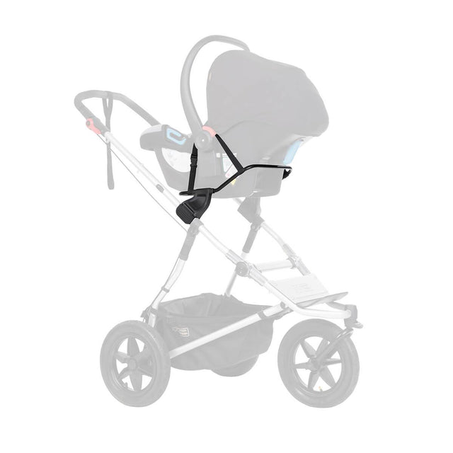 Mountain Buggy universal car seat adaptor shown attached to frame with infant car seat attached securely colour default_default