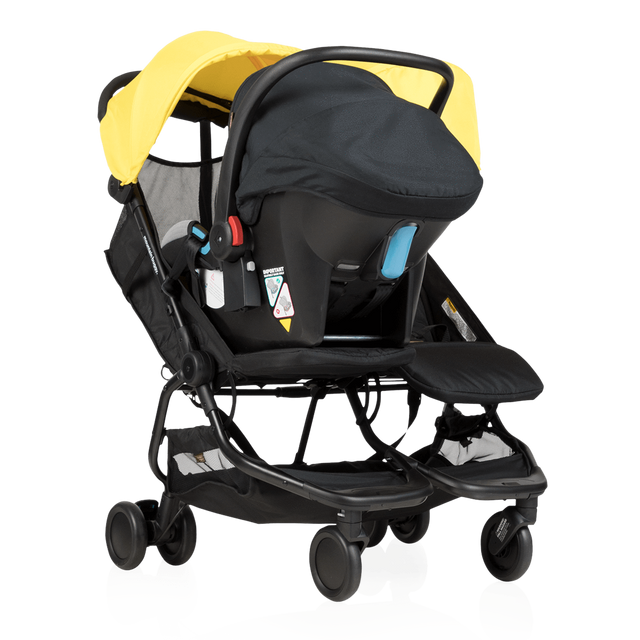 Mountain Buggy nano duo double lightweight buggy fitted with protect car seat in colour cyber_cyber