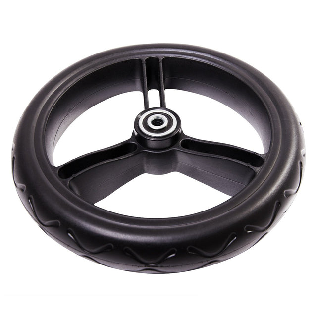 Mountain Buggy aerotech wheel bundle for pre-2017 duet strolllers showing close up of one front wheel in black_black