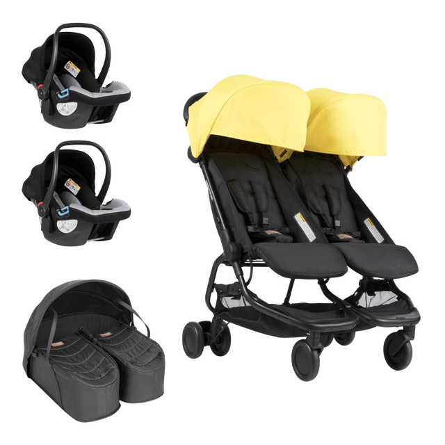 Mountain Buggy nano duo double stroller bundle showing cocoon for twins and two protect infant car seats as part of the bundle