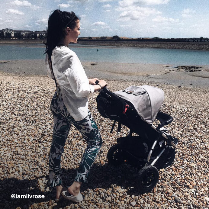 Mountain Buggy urban jungle all terrain 3-wheel pushchair – mum on a pebbled beach walk