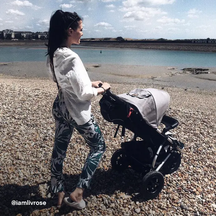 Mountain Buggy urban jungle all terrain 3-wheel pushchair – mum on a pebbled beach walk