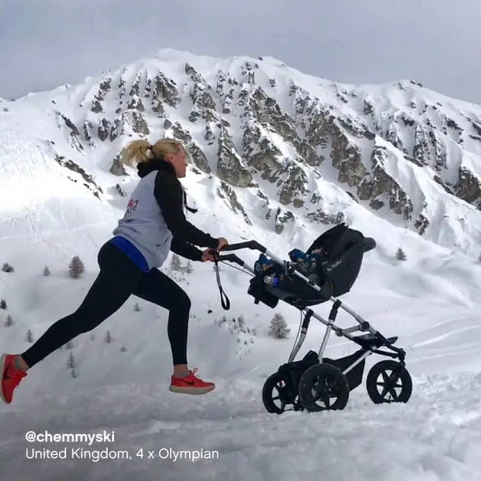 Mountain Buggy urban jungle pushchair with protect car seat – athlete running on alpine snow slope