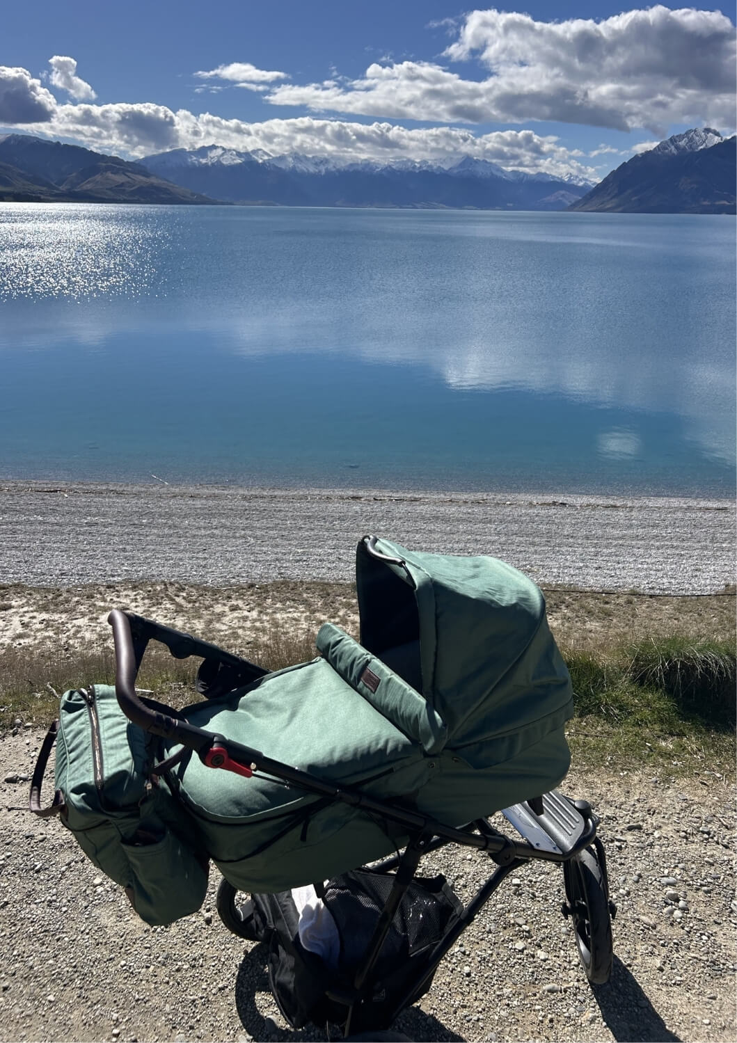 urban jungle Artisan pram parked next to lake with jade fabric using carrycot plus and matching handbag - pilot @ellegracem for Mountain Buggy