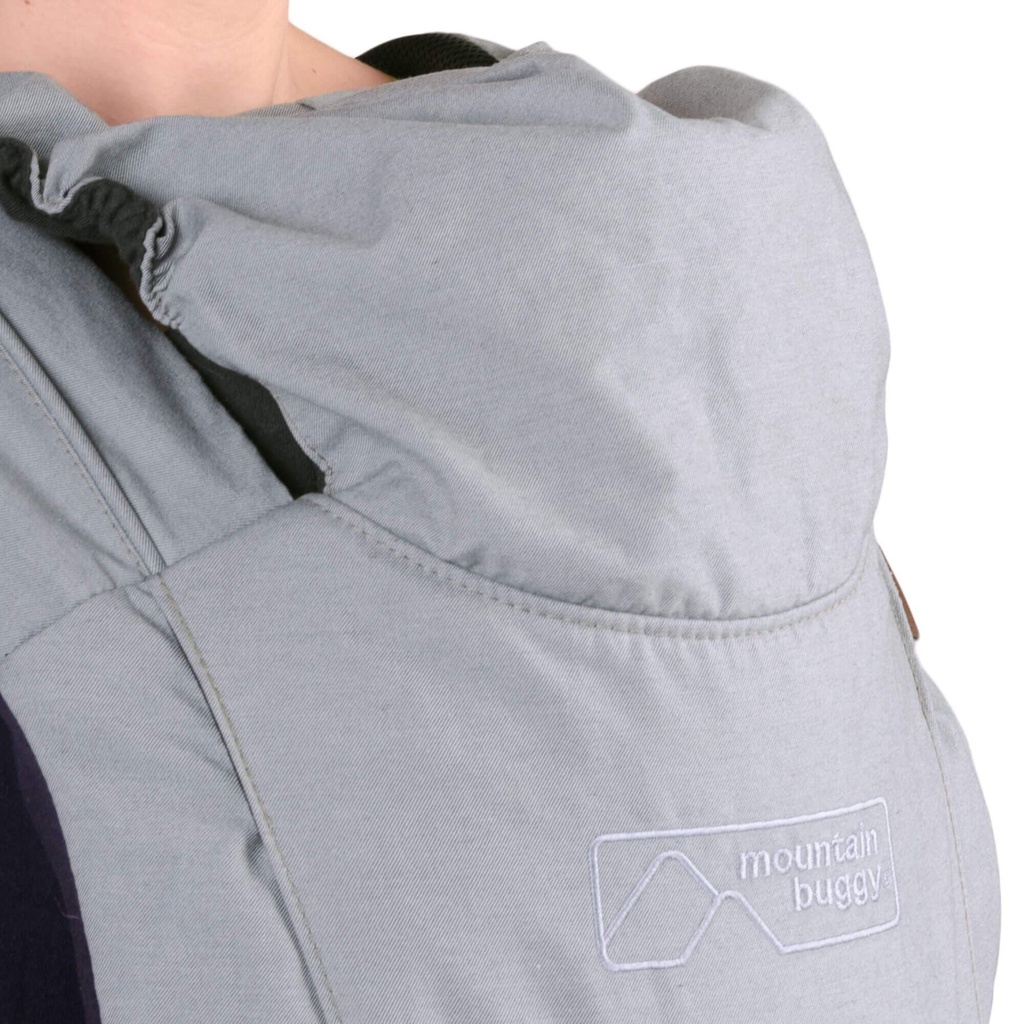 mountain buggy juno baby carrier in charcoal grey colour has a weather protective hood_charcoal
