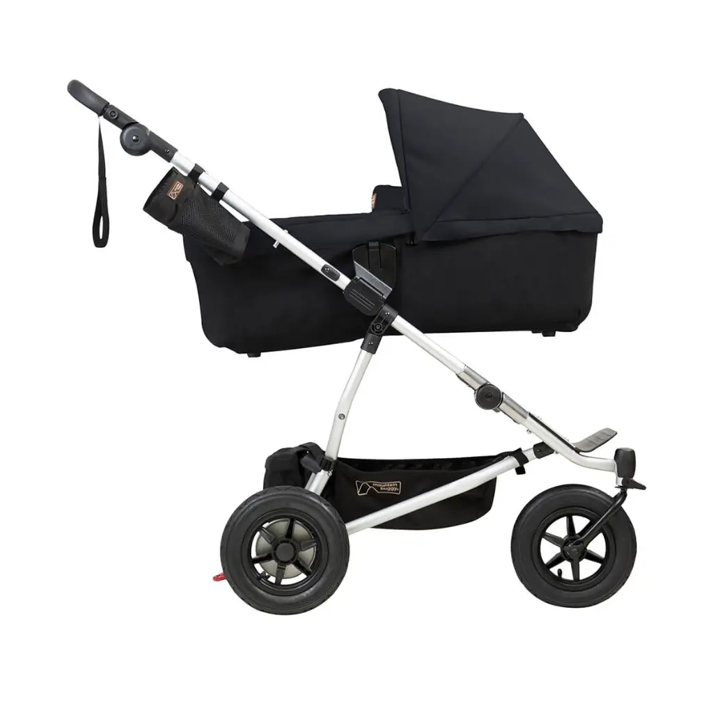 Mountain-Buggy-duet-buggy-with-double-black-carrycot-plus-in-lie-flat-mode-side-view.webp
